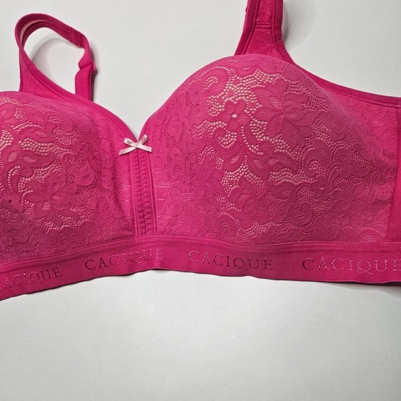 Cacique Lightly Lined No Wire‎ Bra Pink Cotton/Lace 46C Hot Pink Wireless - Picture 2 of 7